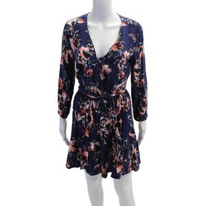 Splendid Women Wrap Mini Dress Dark Blue V-Neck Long Sleeve Floral Rayon Size S